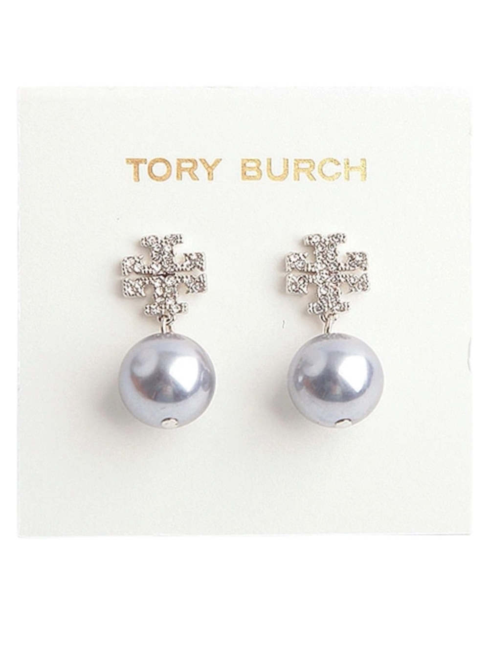 Tory Burch Crystal Pave Logo Grey Pearl Drop Earrings NWT